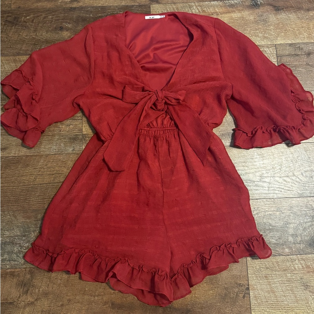 Miami Red Ruffle Sleeve Romper - Picture 2 of 6
